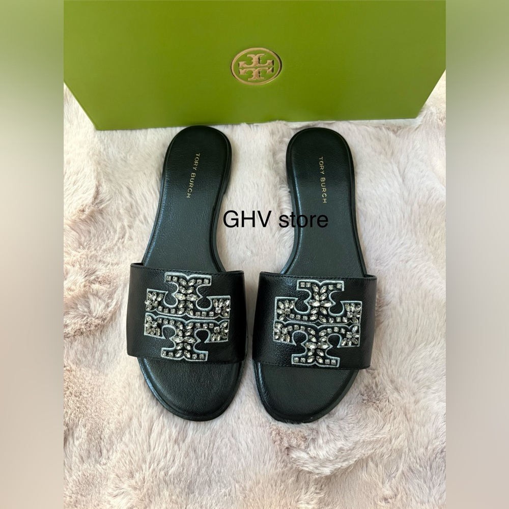 Tory Burch Everly Embellished black Slide Sandals